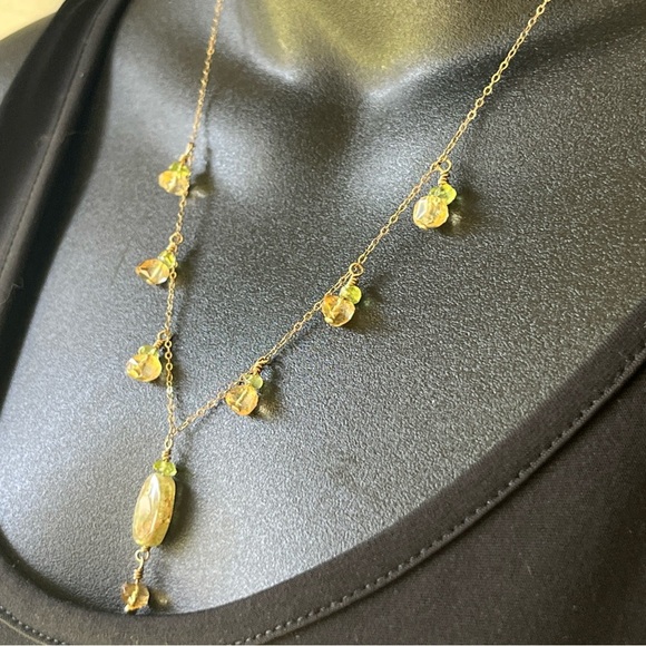 Handmade Necklace And Earring Set - Green & Yellow Glass - Gold Filled Chain - Picture 1 of 13
